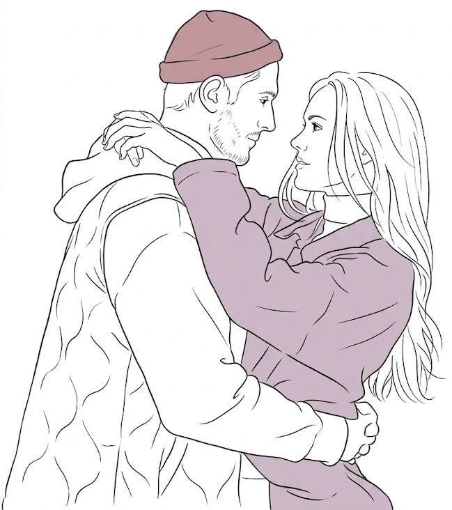 Line drawing of a couple embracing